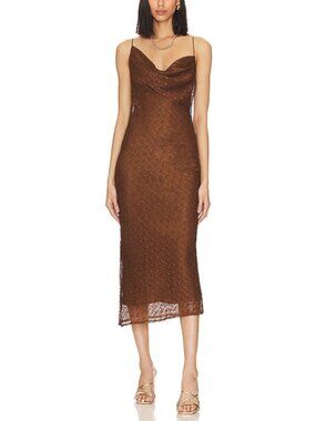 House of Harlot Bronze Lace Midi Dress with Asymmetric Draped Collar Sz XS